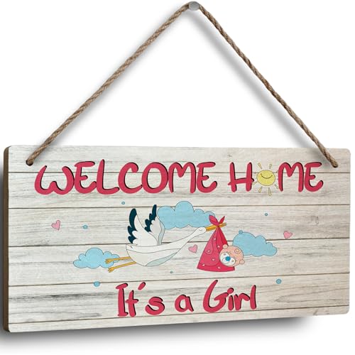 Image of Welcome Home Newborn Baby It’s a Girl Wooden Door Sign, Baby Girl Signs for Door, Welcome Sign Décor for Front Door & Nursery, Hanging Newborn Announcement Plaque