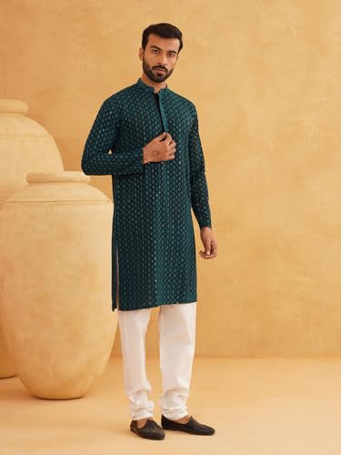Image of SOJANYA Men's Coffee Brown Cotton Blend Kurta with Intricate Embroidery & Subtle Sequin Work