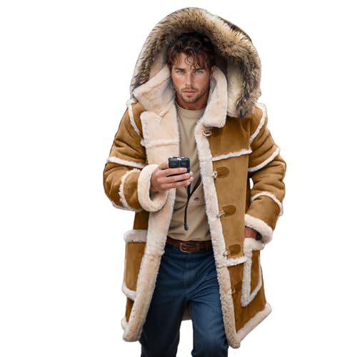 Men Shearling Coats with Hood Faux Suede Sherpa Lined Sheepskin Jackets Warm Winter Faux Leather Long Trench Coat