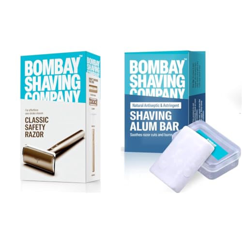 Image of Bombay Shaving Company Classic Safety Razor For Men | Gifts For Men | Double Edge Safety Razor with Metal Handle & Shaving Alum Bar - 100g