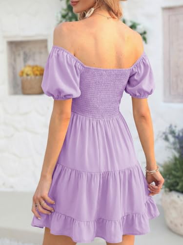 Image of Veatzaer Women's Puff Sleeve Square Neck Smocked Babydoll Dress Boho Floral Print Off Shoulder Ruffle Mini Short Dress