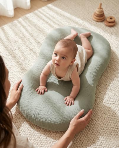 Image of guruixu Muslin Baby Lounger Cover 2 Pack, 100% Cotton Soft & Breathable Infant Slipcover Compatible with Snuggle Me Newborn Lounger (Fog Green,Cream)