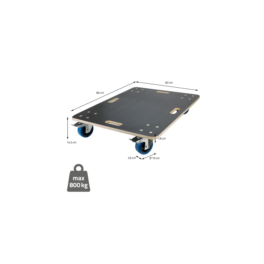 Rullo per mobili fino a 800 kg, in legno Multiplex da 18 mm, con piastra serigrafica antiscivolo e 4 ruote girevoli, per trasloco, officina e magazzino (60 x 80 cm con freno)