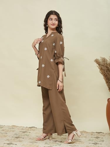 Image of Girls Floral Embroidered Kurta and Palazzo Pants Co-ord Set with V Neck Elegant Traditional Outfit for Festive and Functions