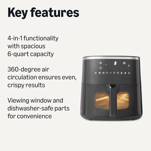Image of Amazon Basics 6-Quart Digital Air Fryer with Easy View Window, 8 Preset Menus, Digital Touch Panel, Ceramic Nonstick Coating, 140℉-400℉ Temperature Range, 1550W, Black