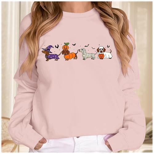 Generisch Damen Sweatshirt mit Halloween-Dackeln - Langarm Pullover mit lustigem Hundemotiv | Herbstliches Oberteil für Dackel-Liebhaber