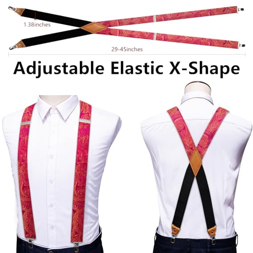 Image of Barry.Wang Men Suspender Set with Necktie Elastic Y Type Heavy Duty 6 Clips Braces Tie Handkerchief Cufflink Pin 6PCS