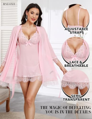 Image of RSLOVE Women Sexy Lingerie Set 3 Piece Babydoll & Lace Kimono Robe Strap Chemise Sleepwear Mesh Nightgown