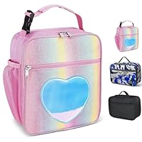 GRKJGytech Insulated Lunch Bag for Kids Girls Pink Rainbow Glitter Portable Leakproof Kids Lunch Box for Women Food Drink Pack Cooler Bag for Work School Picnic Camping