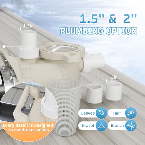 Image of Single Speed Pool Pump 1.5HP, 115 /208-230V, 6340GPH, In /Above Pool Pump, Low Nosie, High Flow, Powerful Self Primming Swimming Pool Pumps Inground with 2 inch /1.5 inch Fittings - 2 Year Warranty