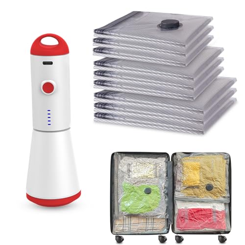 Travel Vacuum Storage Bags with Rechargeable USB Pump, 9 Pack Carry-On Size Compression Packing Bags for Luggage and Suitcase, Space Saver for Clothes and Clothing Travel