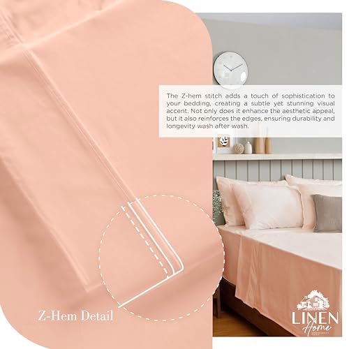 Image of Linen Home 100% Cotton Percale Sheets Full Size, Tropical Peach, Deep Pocket, 4 Pieces Set- 1 Flat, 1 Fitted and 2 Pillowcases, Crisp Cool and Long Staple Strong Bed Linen