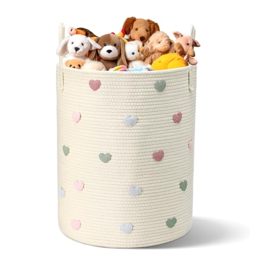 LemonRoad Laundry Hamper Large Cotton Rope Storage Basket for Blankets Toys Clothes Woven Decorative Storage Bucket for Nursery Bathroom Bedroom Organizer 60 L(Macaron Heart)