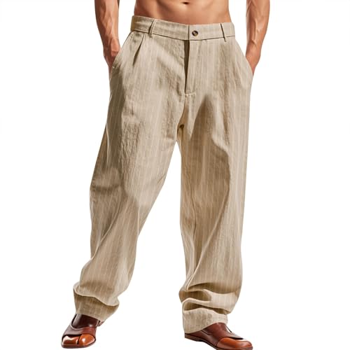 Casual Dressy Pants for Men Linen Striped Straight Leg Suit Trousers Waist Button Baggy Breathable Pants with Pockets