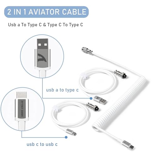 Image of C04 2 in 1 Custom Coiled USB C Cable for Gaming Keyboard-Detachable Double Sleeve Spiral Cable with 5 Pin Aviator Connector for PS4,Xbox-USB A To Type C&Type C To Type C(1.62+3.28inch)-White