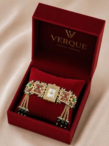 Image of Traditional Kundan Meenakari Bracelet Watch for Women | Ethnic Jewellery Analog Watch | Gold Plated Chain Designer Watch for Girls & Women