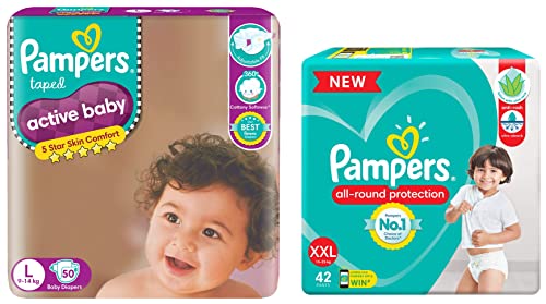 Image of Pampers Active Baby Taped Diapers, Large size diapers, (LG) 50 count, taped style custom fit & All round Protection Pants, Double Extra Large size baby diapers (XXL) 42 Count, Anti Rash diapers