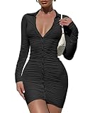 DAAWENXI Women's Sexy Long Sleeve Ruched Button Down Front Mini Shirts Dress Black