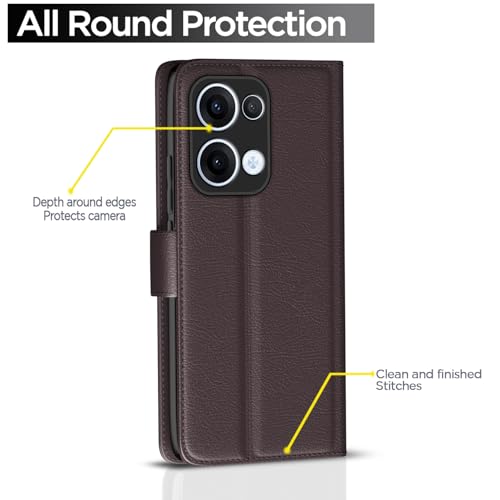 Image of Pikkme Flip Cover Leather Finish | Inside TPU with Card Pockets | Wallet Stand and Shock Proof | Complete Protection Button Flip Case for Oppo Reno 13 5G(Coffee)