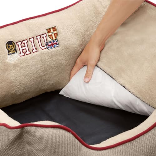 HUNTER Hundesofa UNIVERSITY, gemütliches Hundebett im College-Look, weiches Kuschelsofa mit Wendekissen, erhöhter Rand, Bezug waschbar, Farbe: beige, Größe: M