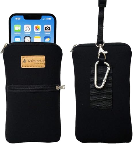 Image of Tainada Men Women Phone Neoprene Shockproof Zippered Sleeve Case Bag Pouch w /Carabiner Clip Hook, Neck Lanyard, Belt Loop Holster for iPhone 17 /16 Pro Max, Air, 16e, 16 Plus; Samsung S25+ (Black)
