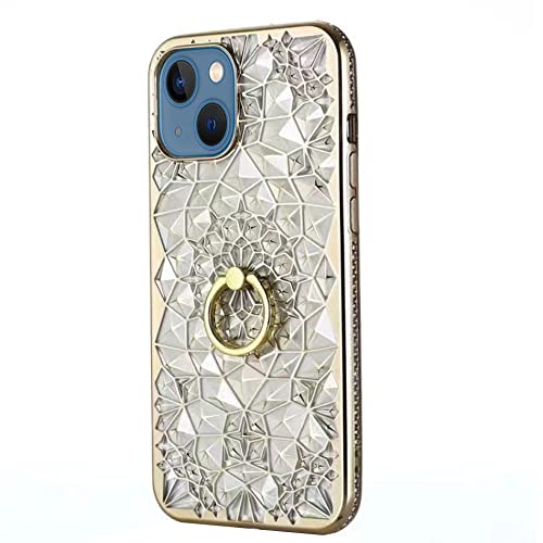 Stilluxy Compatible with iPhone 13 Case Slim Phone Cover 3D Sunflower Luxury Thin Slim Kickstand Glitter Ring 2021 Women New 6.1 inch (Gold)