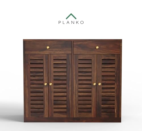 Image of PLANKO Asiya Acacia Shoe Rack with 4 Shelves & 2 Drawers | Keeps 20 Pair Shoes | Wooden Shoe Stand for Home | Space Saving Storage Rack (Walnut)