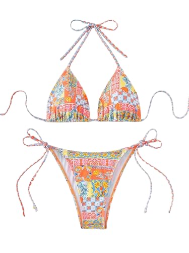 Image of ZAFUL Womens Printed Triangle Bikinis 2 Piece Halter Bikini Sets High Cut Bathing Suit Side Tie Swimsuits
