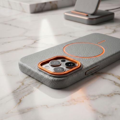 Image of amazon basics Luxury MagSafe Compatible Leather Texture Back Cover for iPhone 14 Pro | Raised Camera Protection | Slim Fit Shockproof Case with Metallic Accents (Gray)