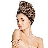 famliihw Leopard Hair Towel Wrap Microfiber Fast Drying Hair Turban with Buttons for Women Men Drying Curly, Long & Thick Hair