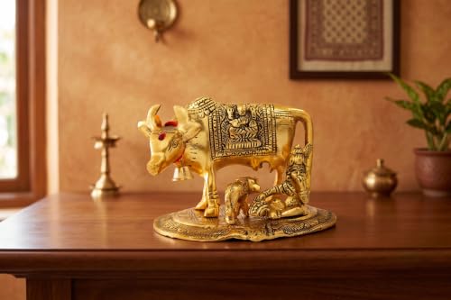 Image of KridayKraft Kamdhenu Cow,Calf with Bal Gopal Krishna Metal Statue for Good Luck,Feng Shui As Table Top Figurine,Vastu,Religious Gau MATA Idol Home,Office&Table (Gold, Medium)