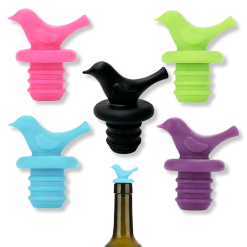 DLPRK Set de 5 Tapones para Botellas de Vino, Silicona, Diseño de Pájaro Bonito, Colores Variados