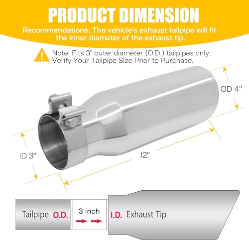 QYFNB 304 Stainless Steel Car Exhaust Tip, 3" Inlet, 4" Outlet, 12" Long, Polished Single Wall Slant Angle Cut, Clamp-On with Rolled Edge, Drain Hole, Universal Fit (Silver, 3"x4"x12") by QYFNB - Used condition - Image 2
