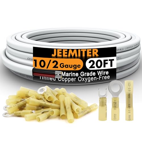 Jeemiter 10/2 AWG Marine Wire Duplex Cable 20FT 10 Gauge 2 Conductor Oxygen-Free Tinned Copper Red Black Electrical Wire with Lugs Terminal Connectors and Heat Shrink Tube