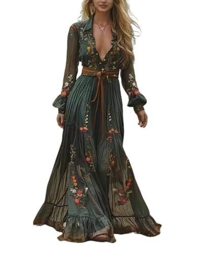 Women's Vintage Pastoral Flower Sexy V-Neck Long Sleeve Western Long Dress, Womens Floral Ruffle Flowy Maxi Dresses