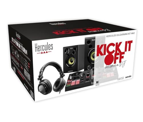 Image of Hercules DJLearning Kit MK II including the DJ Inpulse 200 MK II controller, HD45 headphones and DJ Monitor 32 speakers | Speakers and Headphones, Beginner DJ Set with Jog Wheels, 2 Deck DJ Mixer Controller, Portable DJ Equipment for Beginners