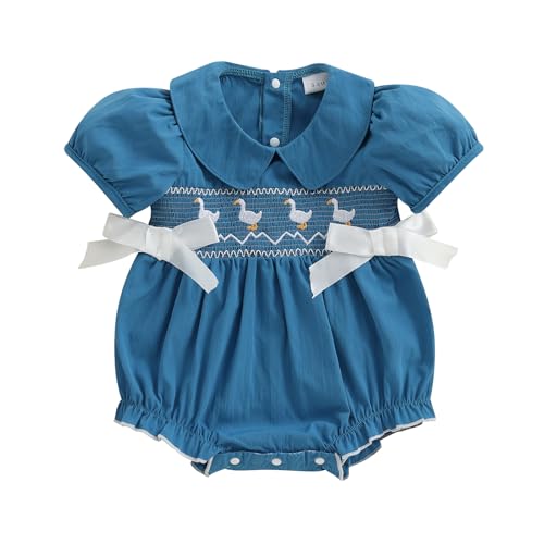 Image of baorji Newborn Baby Girl Romper Farm Outfit Goose Embroidery Short Sleeve Onesie Smocked Jumpsuit Country Summer Clothes
