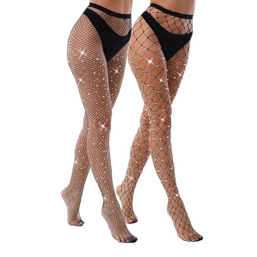 Image of Forbidden Road 2 Pack Sparkly Tights Large and Small Mesh Fishnet Rhinestone Tights For Women Sexy Glitter Fishnets Stockings