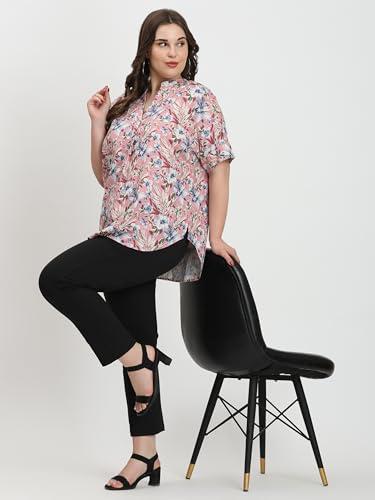 Image of SINDOORI Relaxed Fit Tops for Women Plus Size Solid Printed Mandarin Collar, Band Collar, V-Neck Top, Half Sleeve Loose Fit