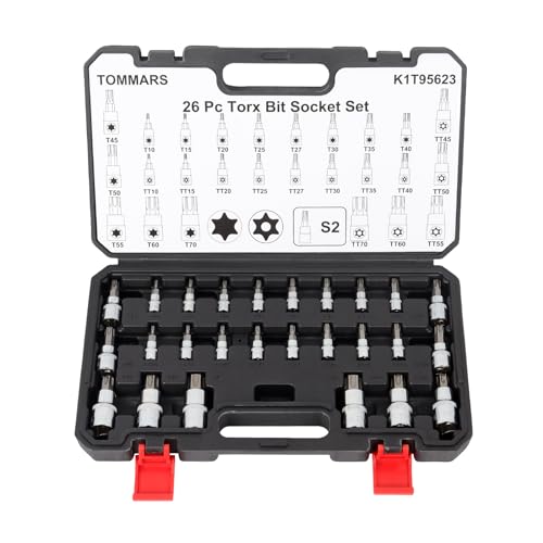 Image of TOMMARS 26-PC Torx Socket Set, Torx Star Tamper Proof Security Bit | T10-T70 & TT10-TT70,1 /4 inch, 3 /8 inch, 1 /2 inch Drive, S2 Steel Bits, CRV Sockets