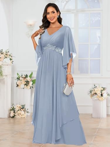 3/4 Sleeve Mother of The Bride Dresses for Women Lace Applique V Neck Pleated Formal Dress2