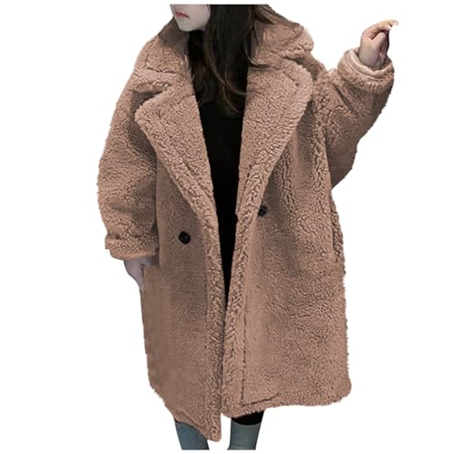 Girls Faux Fur Coat Long Windbreaker Jacket Fuzzy Fleece Winter Warm Lapel Collar Button Sherpa Overcoat 2-8 Years