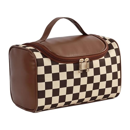 Makeup Bag, Travel Portable Checkered Pattern Cosmetics Skincare Storage Bag (Brown)
