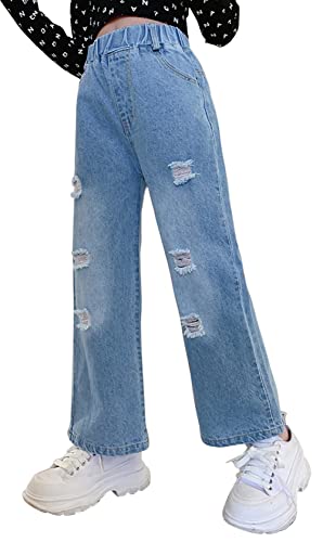 AIEOE Jeans holgados para niños y niñas, cintura elástica lavada, pantalones holgados, pantalones holgados, ropa para niños de 5 a 15 años, Ripped, 11-12 Años Cover