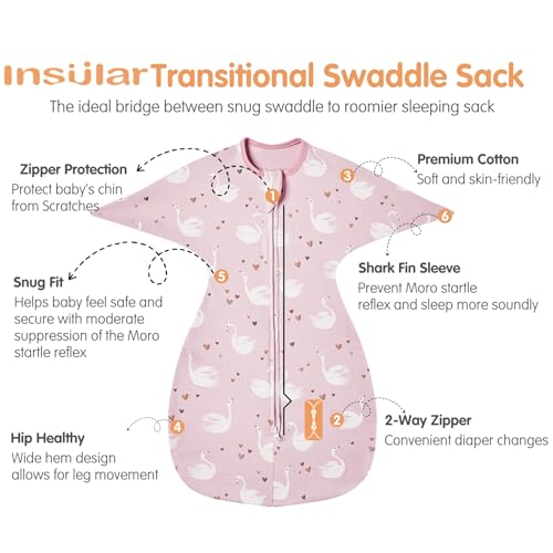 Image of insular Baby Transitional Swaddle with 2-Way Zipper Newborn Sleep Sack Arms Up Infant Sleeping Bag Wearable Blanket, Pink Swan, 0-3 Month