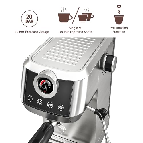 wirsh Máquina de café expresso, máquina de café expresso semiautomática de 20 bar com medidor de pressão, varinha de vapor, máquina de café expresso de aço inoxidável para expresso/latte/cappuccino - Imagem 7