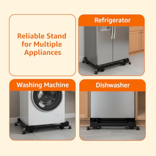Image of Amazon Basics Heavy-Duty Adjustable Appliance Stand, Expandable Metal Frame with Anti-Skid Pads, for Washing Machine, Refrigerator, Dishwasher & Air Cooler | Load Capacity 180 kg