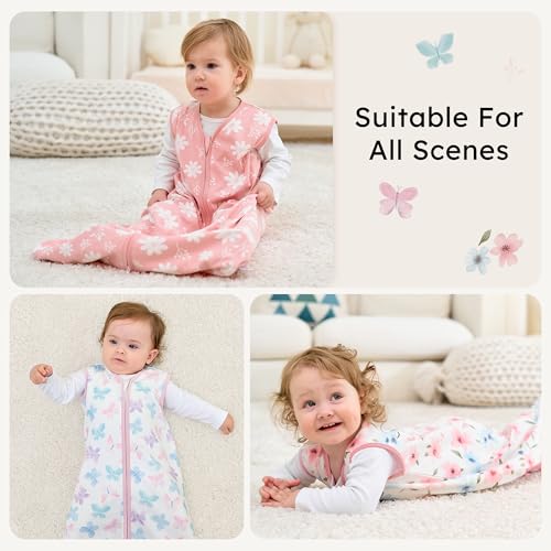 Image of Baby Sleep Sack 0-6 months, 100% Cotton Sleeping Sack for Newborn and Infant, 3 Pack Baby Wearable Blanket, 0.5 Tog Lightweight Double Zipper Sleep Bag Small Pink Butterfly Flower