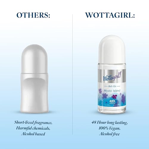 Image of Wottagirl Mystic Island Underarm RollOn for Women | Fruty and Floral Deodorant | 48H Odour Protection | Alcohol-Free, Gentle Formula | 100% Vegan | 50ml | Alcohol-free 48H odour protection with fruity floral fragrance. 100% vegan formula.
