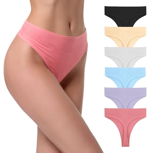 Image of High Waist Cotton Thongs Women Cotton Rib Thongs Panties 6pcs | Wironoat High Waist Cotton Thongs Women Cotton Rib Comfortable Soft Thongs Panties Pack 6
